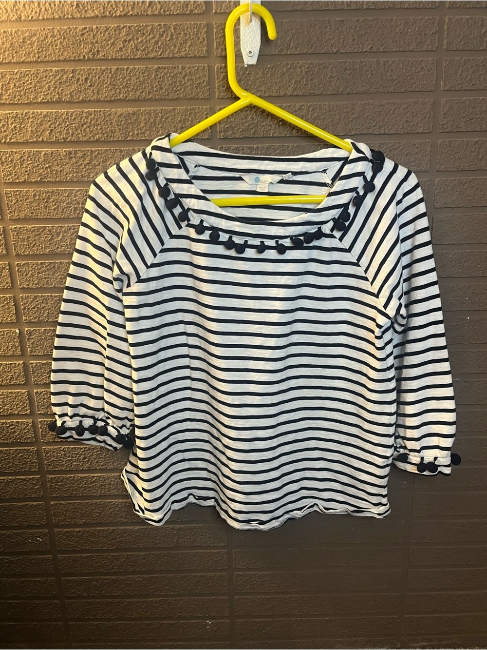 Boden Black & White Striped Pom-Trim Long Sleeve Top